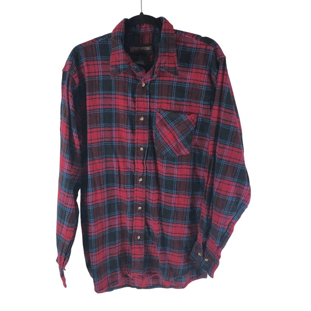 Northpoint Mens Flannel Shirt Button Down Chest Pocket Plaid Red Blue L
